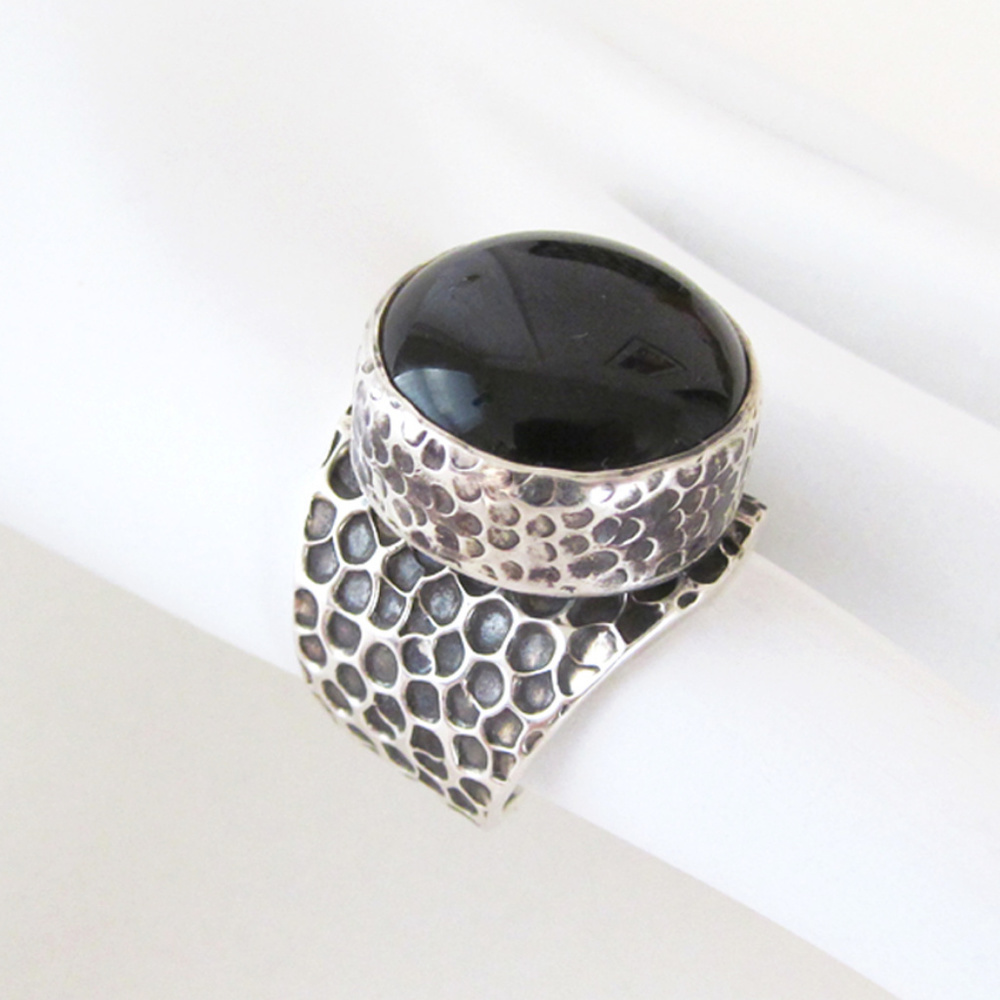 Hammered Sterling Silver Ring with Black Onyx